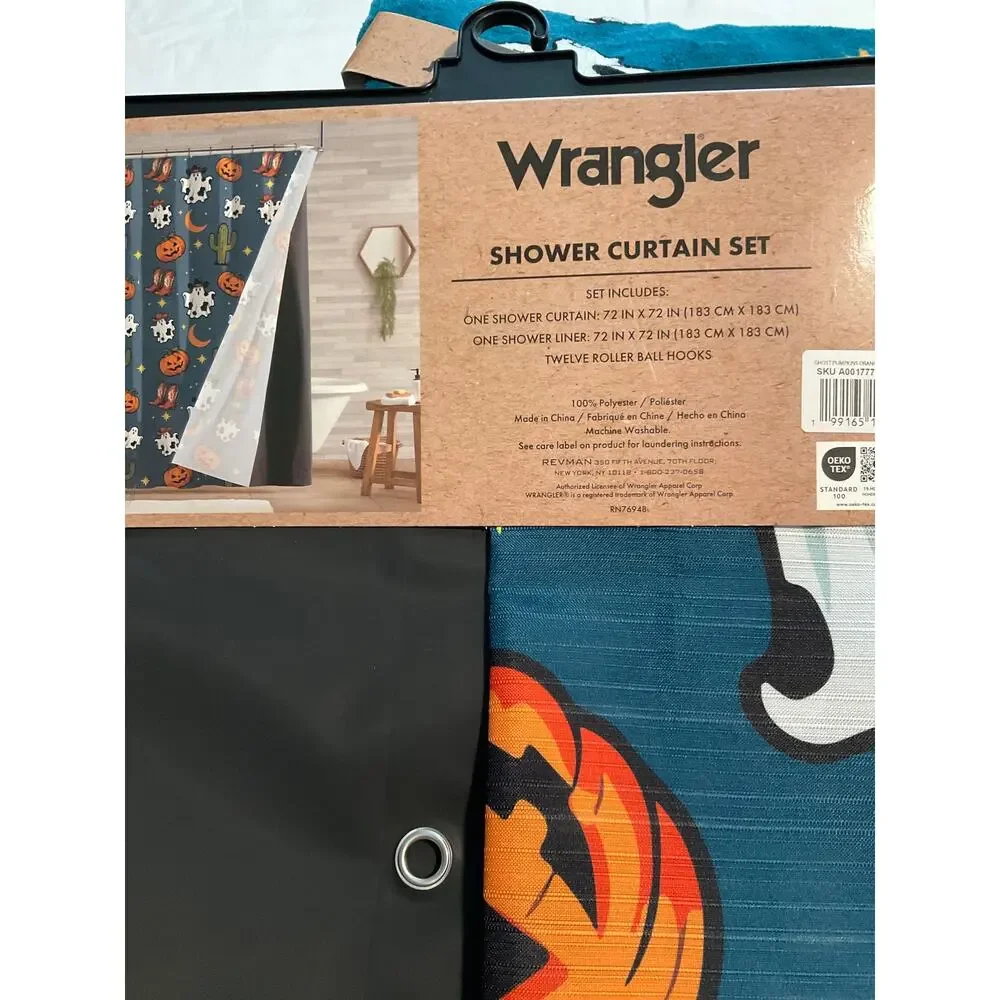 Wrangler Ghost Pumpkins Blue Bathroom Set-Shower Curtain,2 Bath & 2 Hand Towels